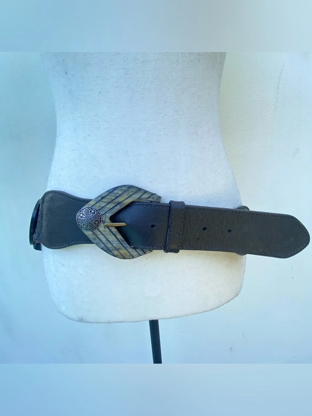 TheY2K Dark Brown Leather Tribal Metal & Wood Embellished Statement Belt Size M